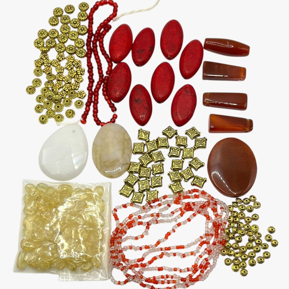 Mixed Lot Beads Pendant Gemstone Metal Glass Jewelry DIY Red Brown Stone Artisan